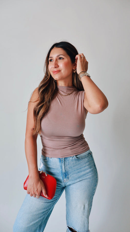 Mock Neck Ruched Mocha Top-  Mocha/Taupe