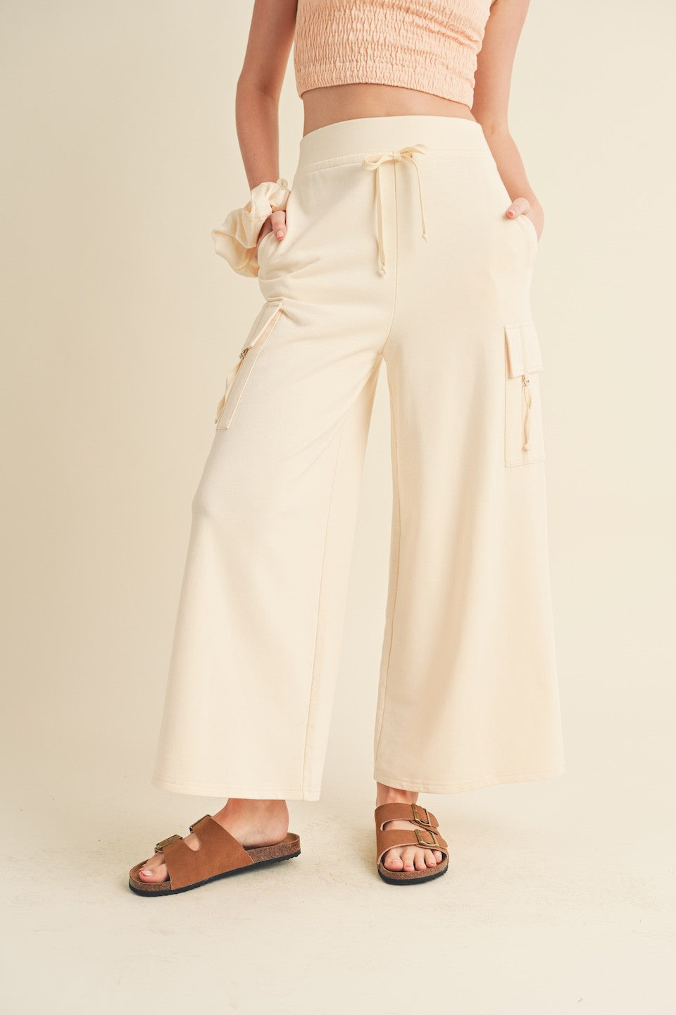 Cream Wide Leg Cargo Pants