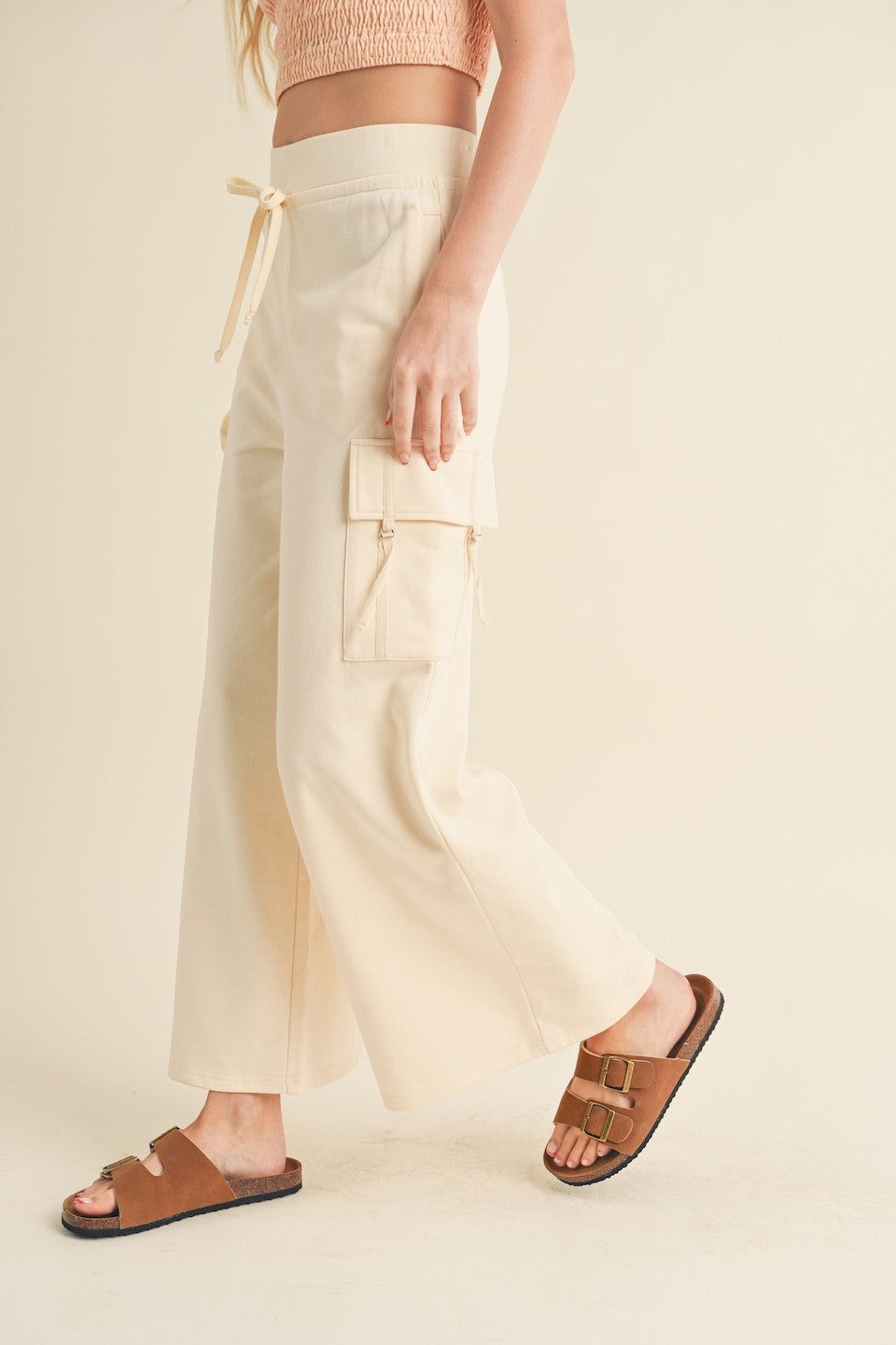 Cream Wide Leg Cargo Pants