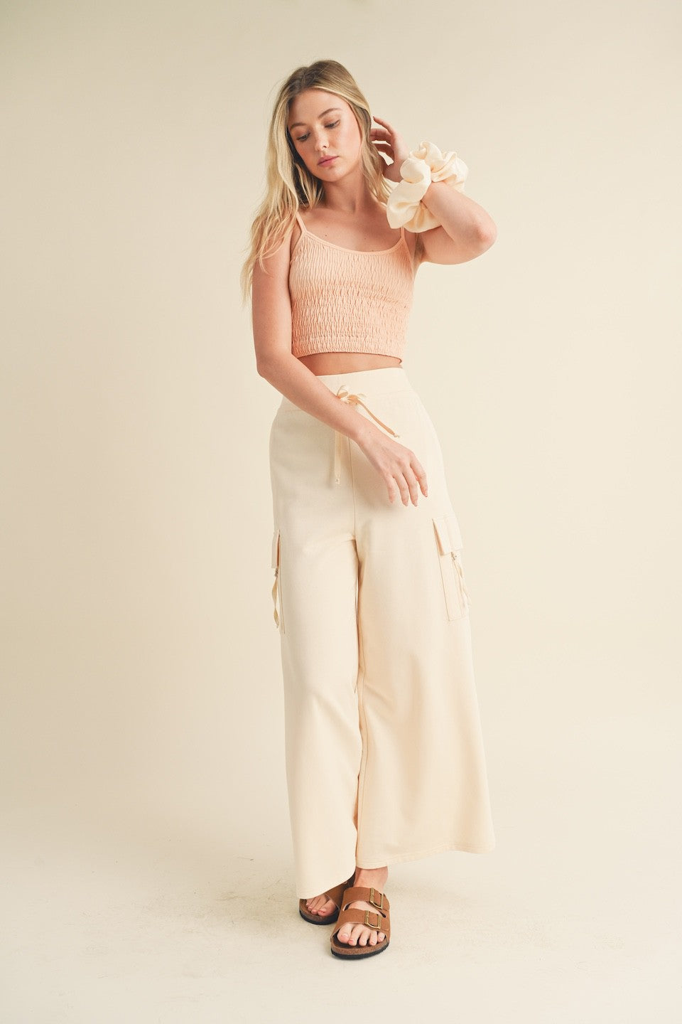 Cream Wide Leg Cargo Pants