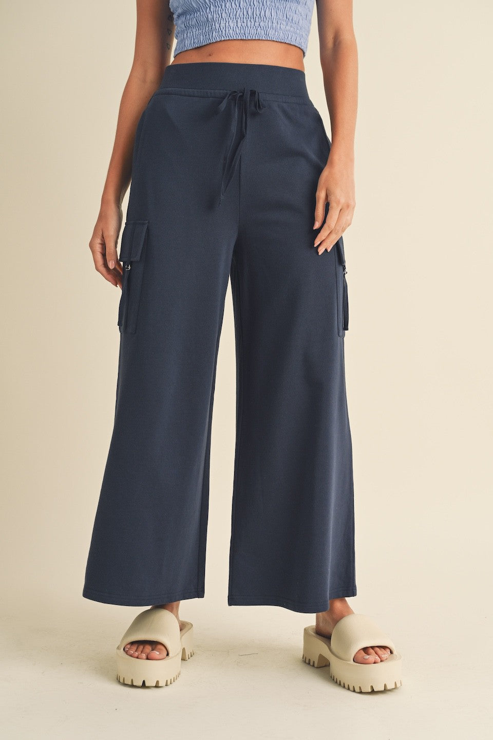 Navy Wide Leg Cargo Pants