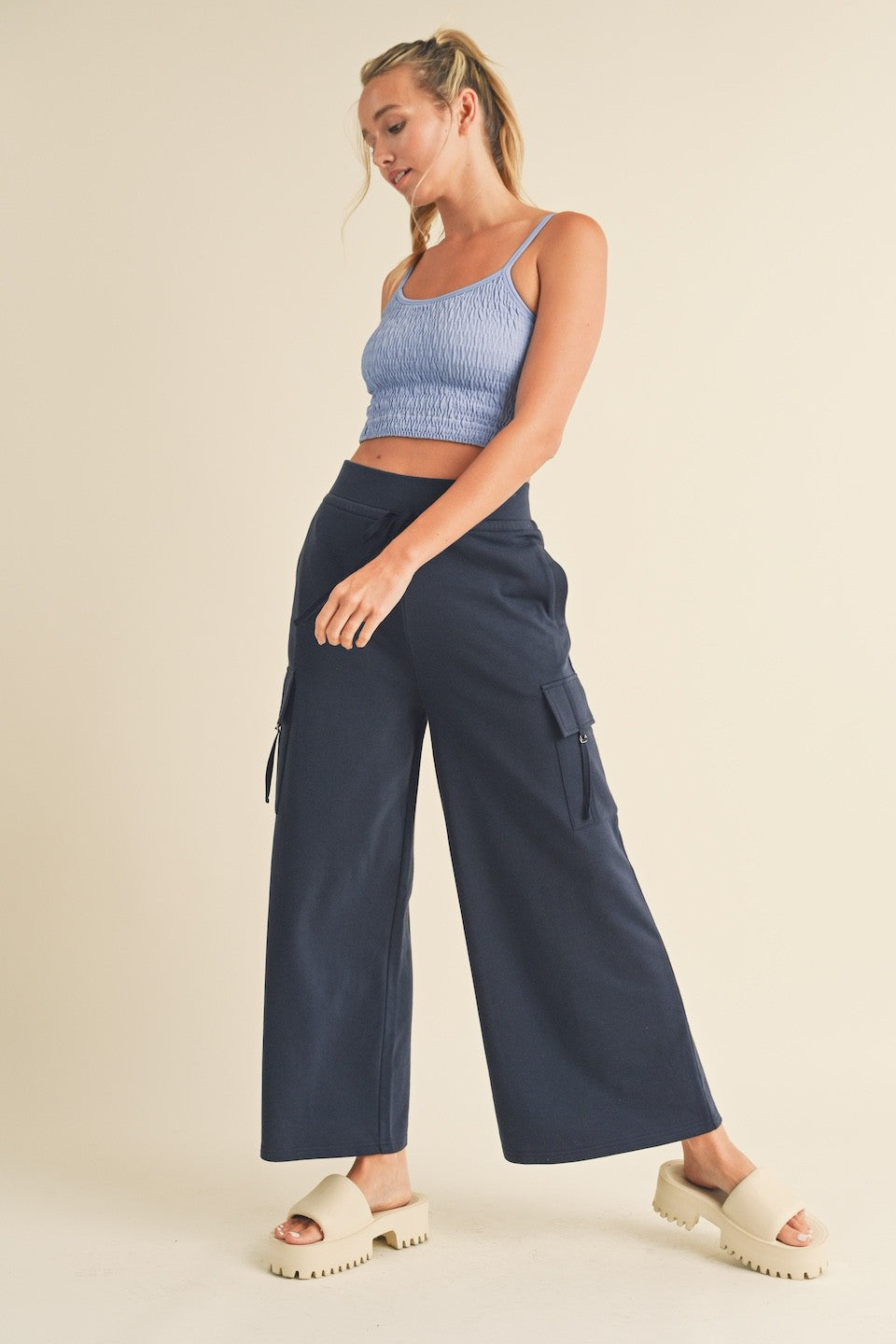 Navy Wide Leg Cargo Pants