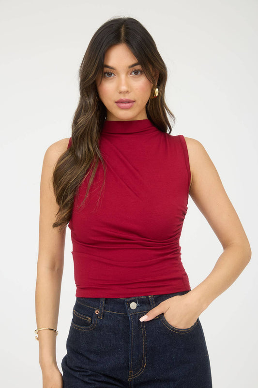 Mock Neck Ruched Top- Deep Red
