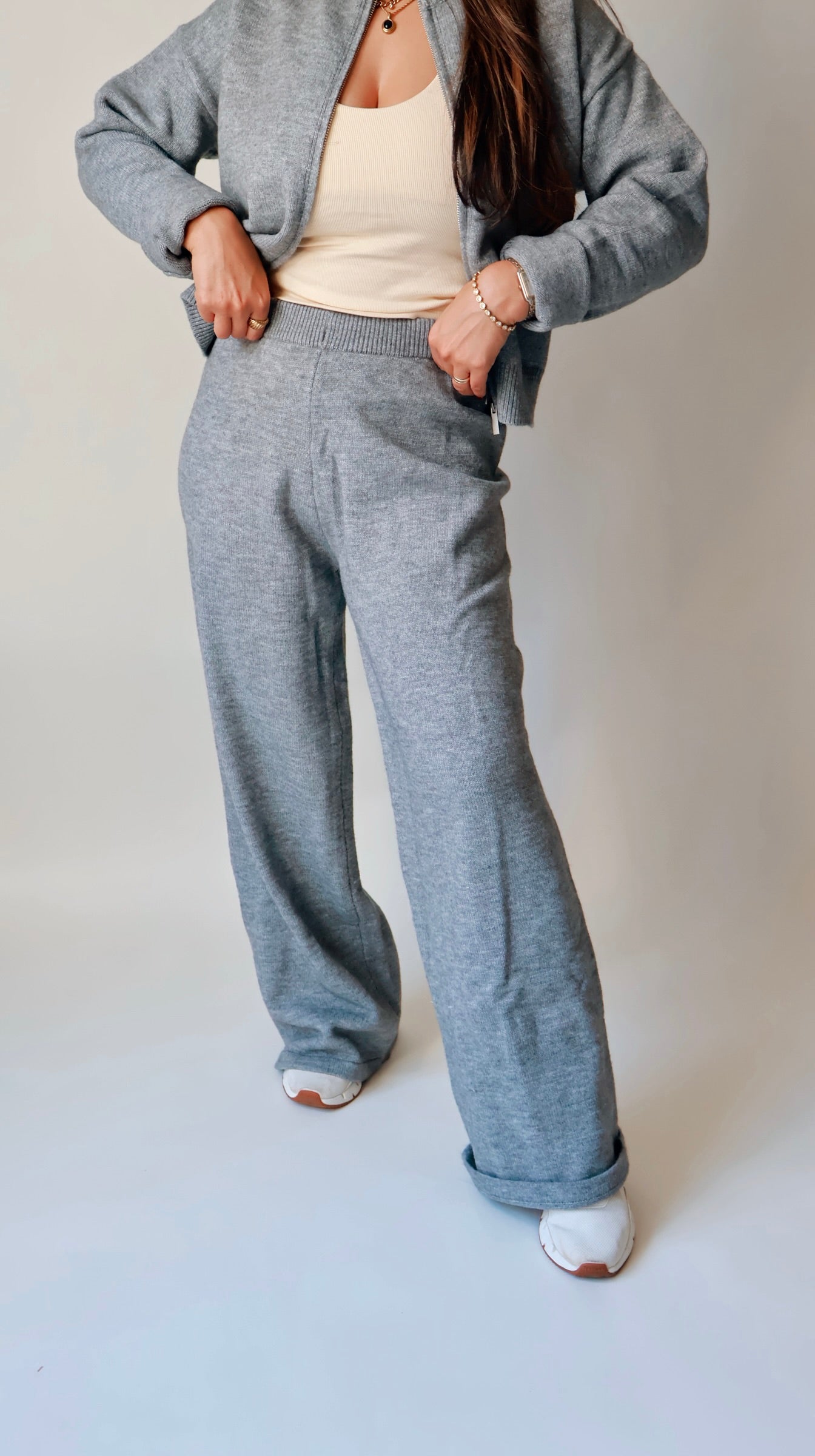 Gray Knit Sweater Wide Leg Pants