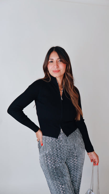 Black Two Way Open Zipper Sweater Top