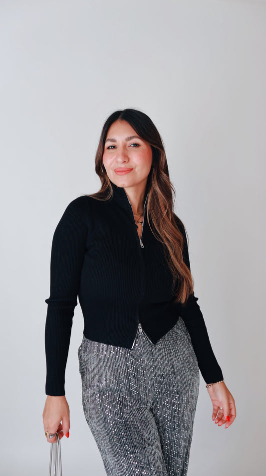 Black Two Way Open Zipper Sweater Top