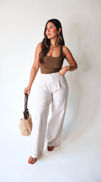 Tan Striped Linen Wide Leg Pants