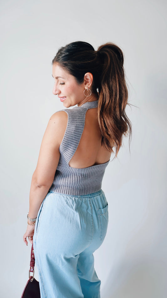 Gray Cutout Back Crop Top