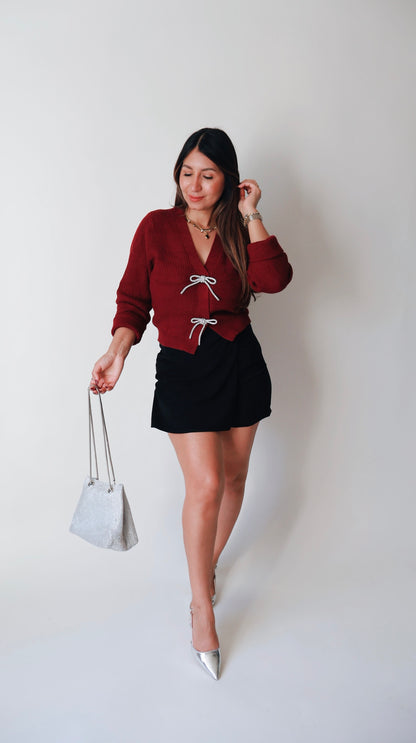 Jewel Bow Burgandy Cardigan