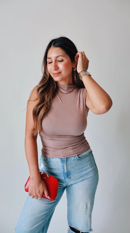 Mock Neck Ruched Mocha Top-  Mocha/Taupe