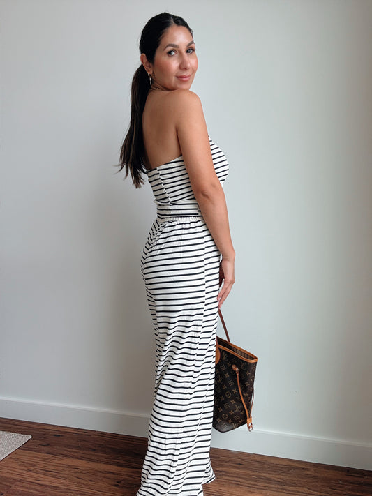 Striped Knit Tube and Wide Pants Set
