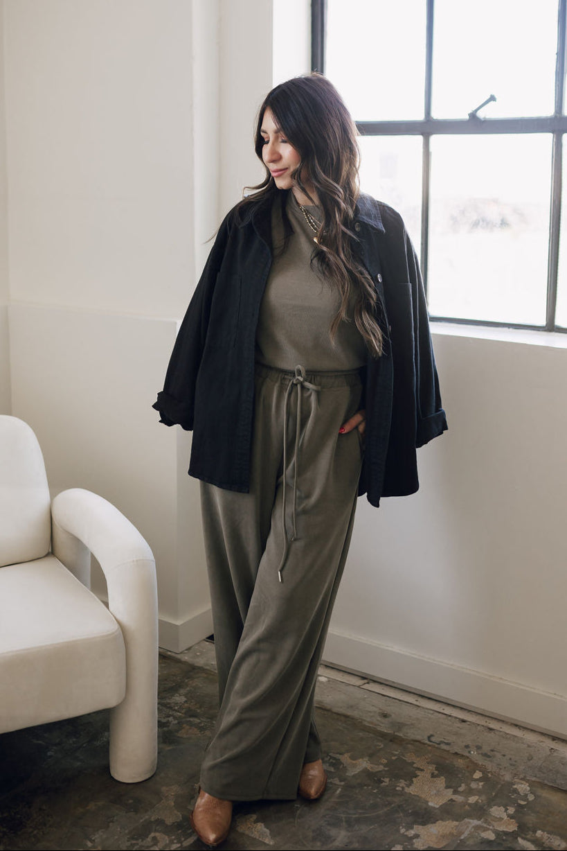 Eli Olive Lux Wide Leg Pants