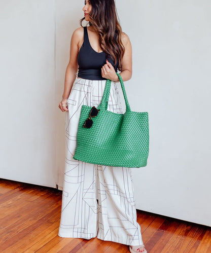 Solana Woven Vegan Leather Tote In Kelly Green