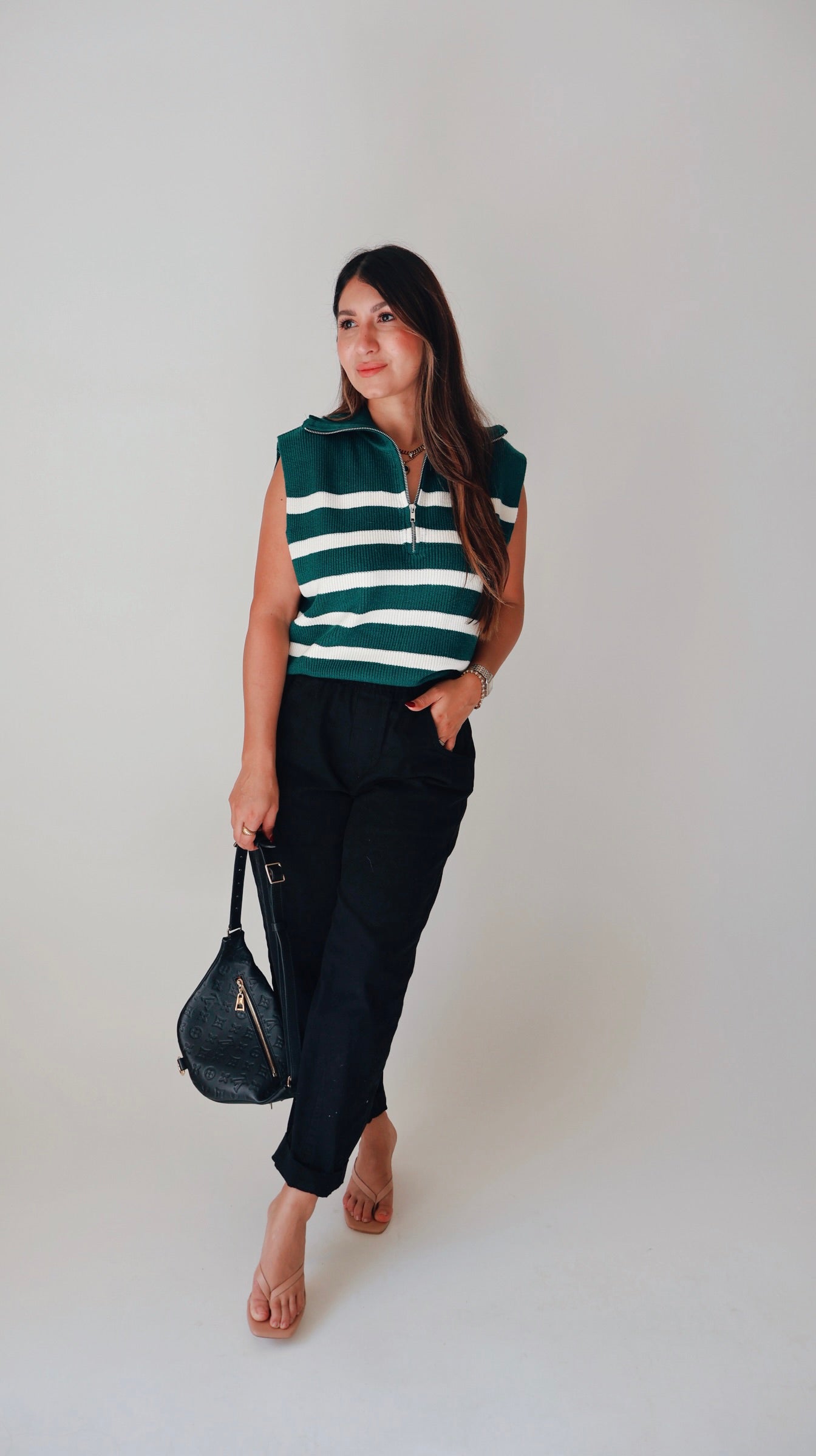 Striped Knit Half Zip Sweater Vest