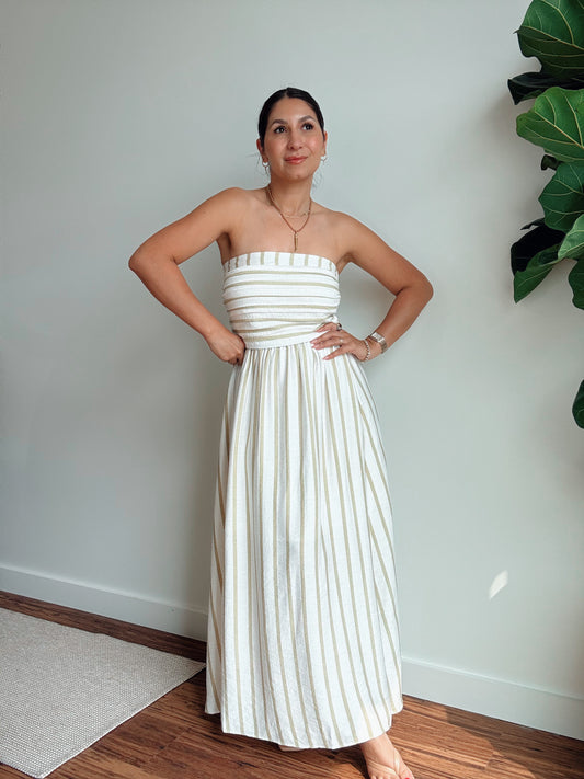 Sage Strapless Striped Dress