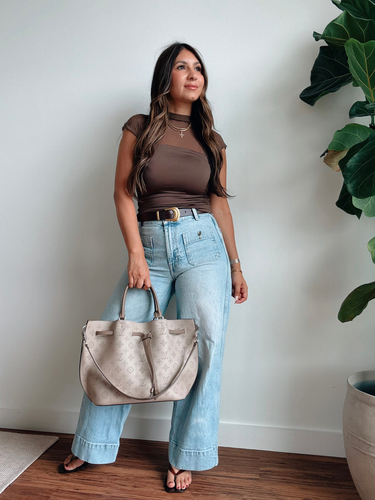 Brown Sheer Mock Neck