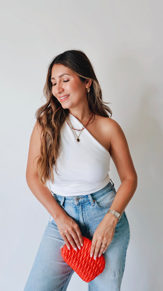 White Stretchy Asymmetric Ribbed Top