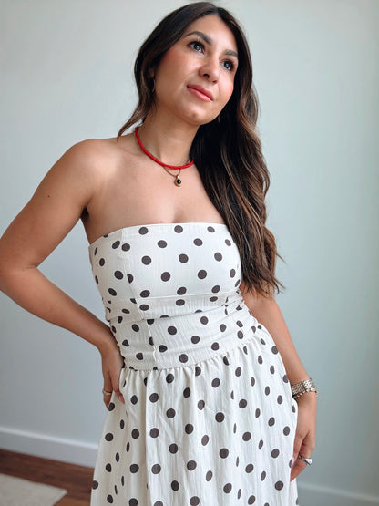 Linen Strapless Polka Dot Dress