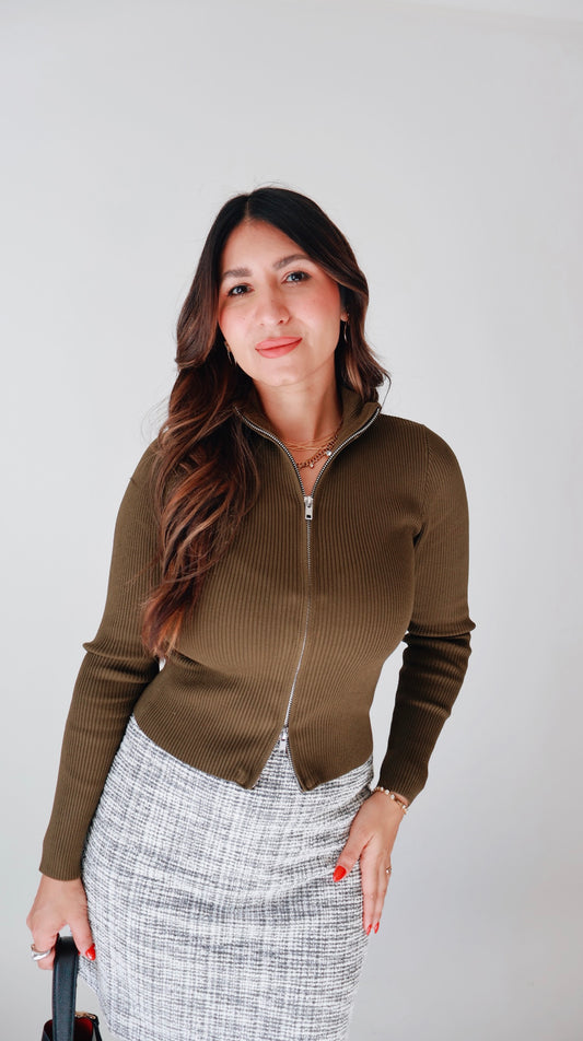 Olive Green Two Way Zipper Sweater