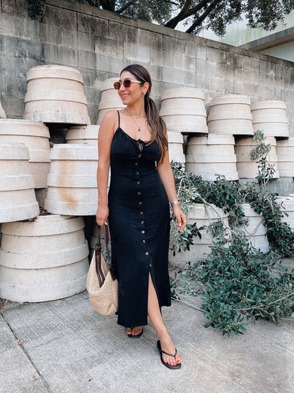 Button Black Linen Dress Foxtail Boutique XO Button Black Linen Dress Foxtail Boutique XO
