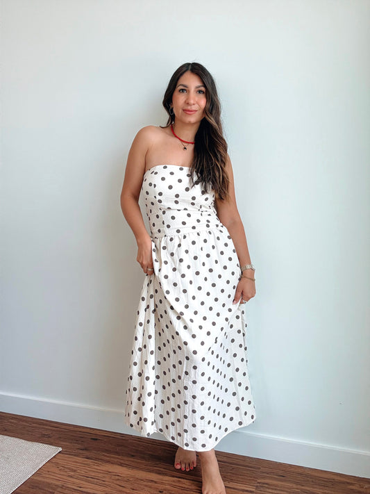 Linen Strapless Polka Dot Dress