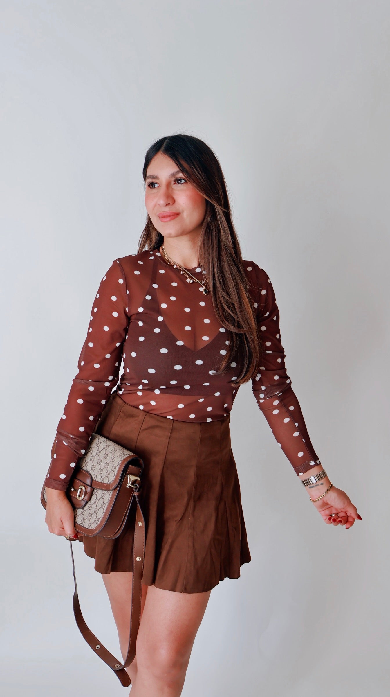 Brown Polka Dot Long Sleeve Top