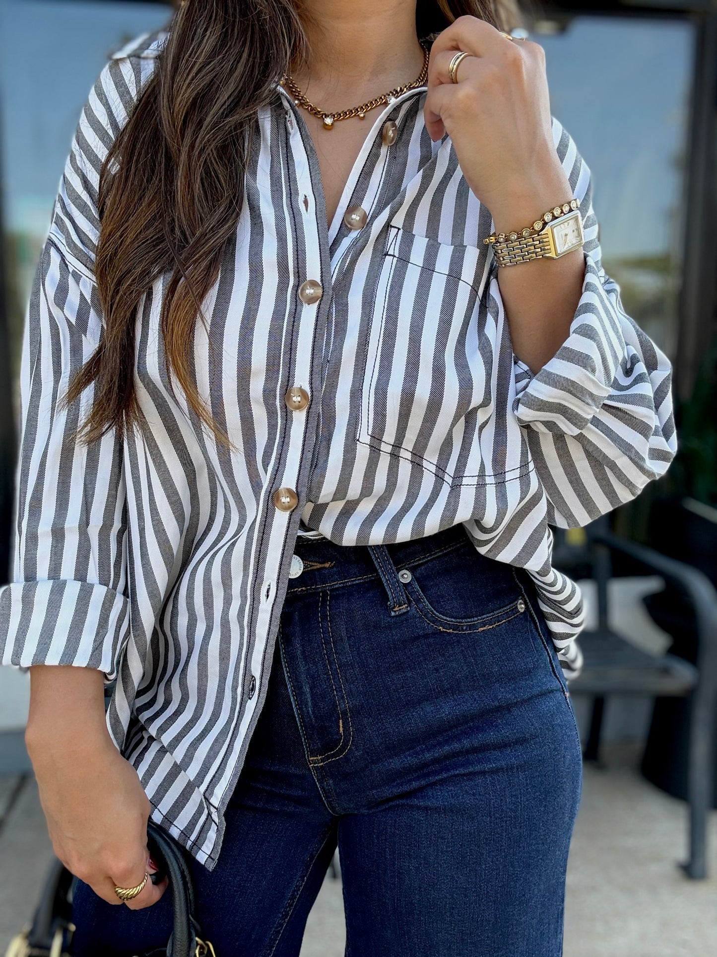 Relaxed Black Striped Button-down
