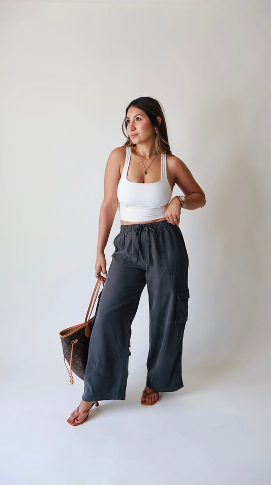 Charcoal Tencel Wide Leg Cargo Pants