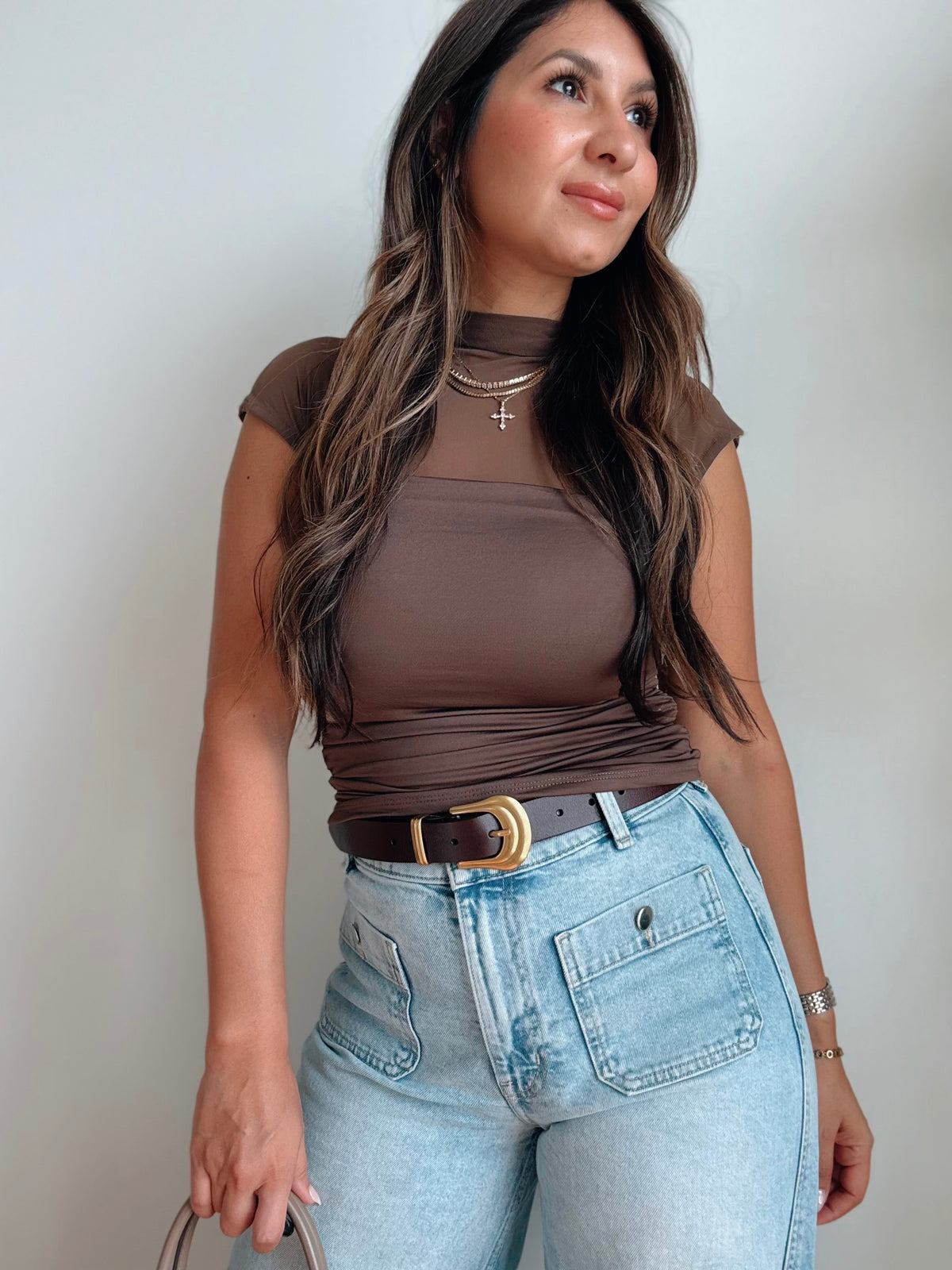 Brown Sheer Mock Neck