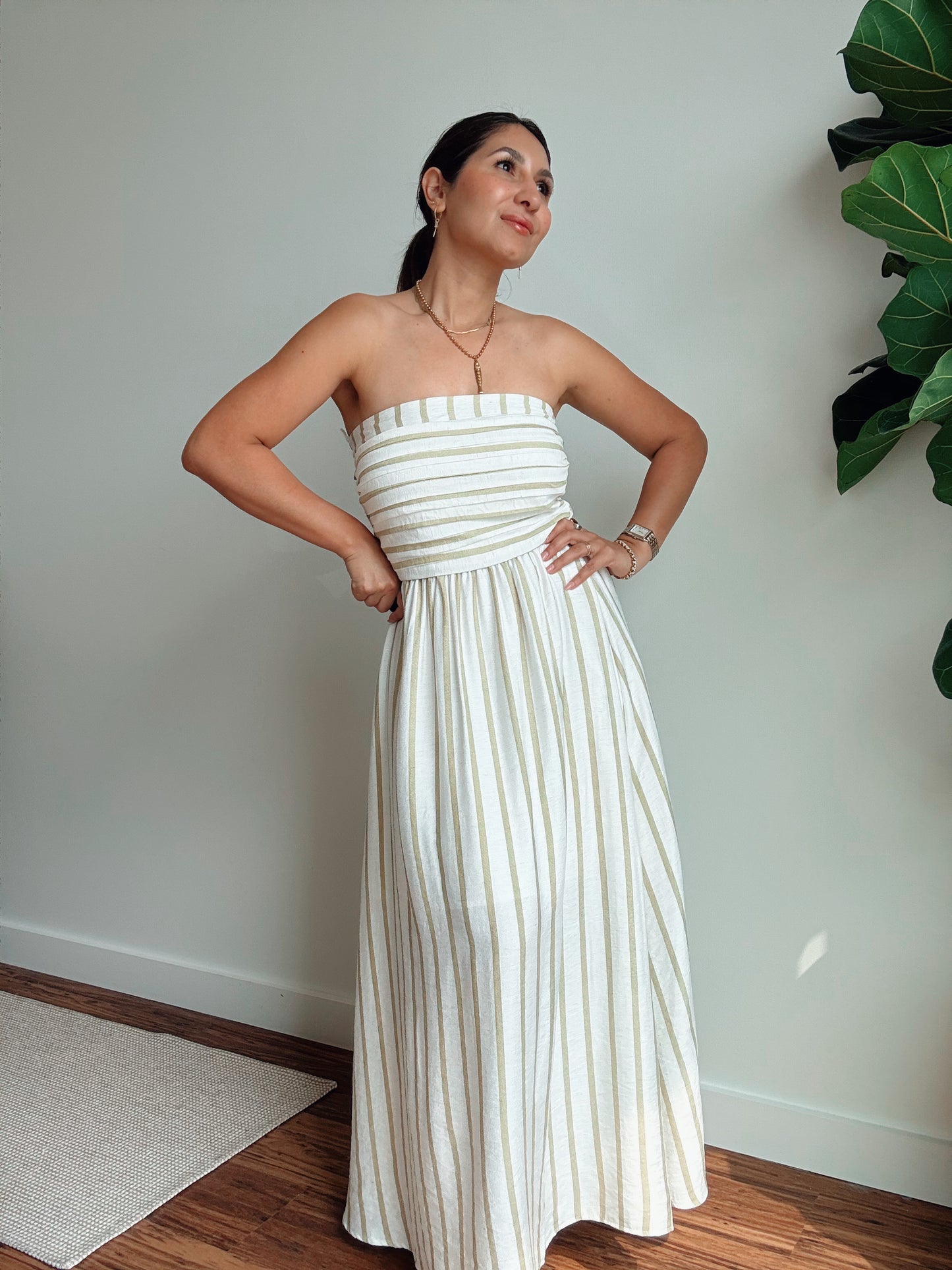 Sage Strapless Striped Dress