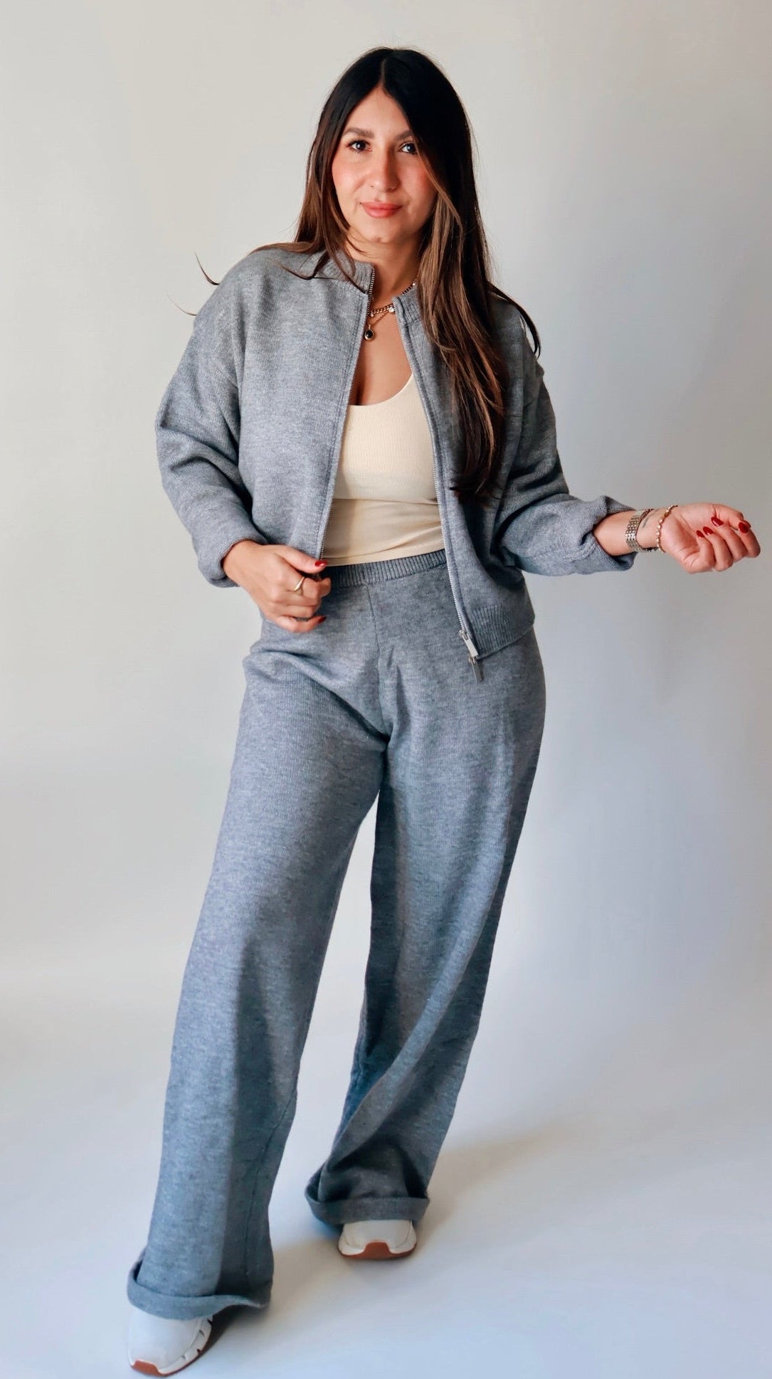 Gray Knit Sweater Wide Leg Pants