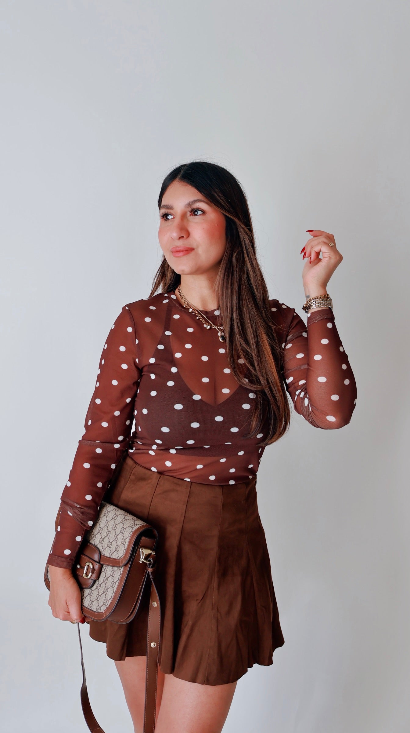 ロンT ドット POLKADOTSLIMLONG SLEEVETOP Brown Polka Dot Long Sleeve Top – Foxtail Boutique XO