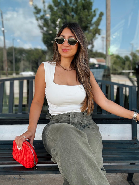 Cream Square Neck Ruched Top