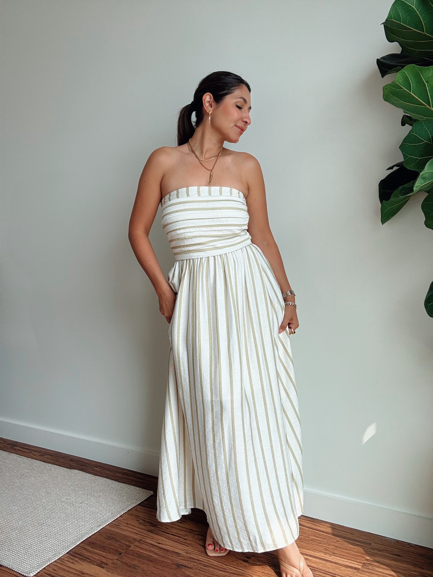 Sage Strapless Striped Dress