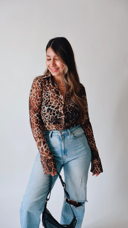 Collared Leopard Mesh Top