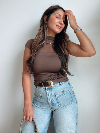Brown Sheer Mock Neck