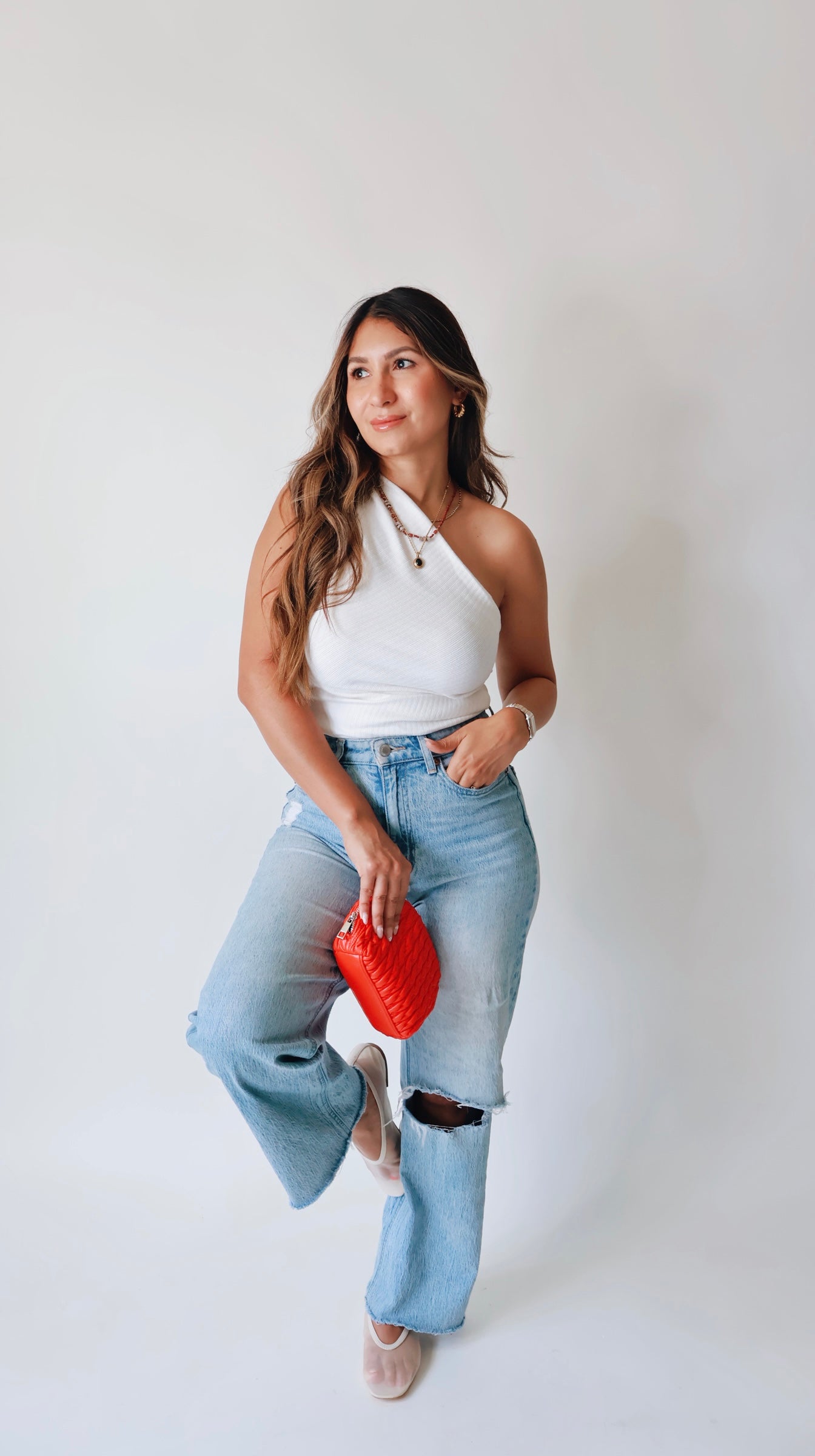 White Stretchy Asymmetric Ribbed Top