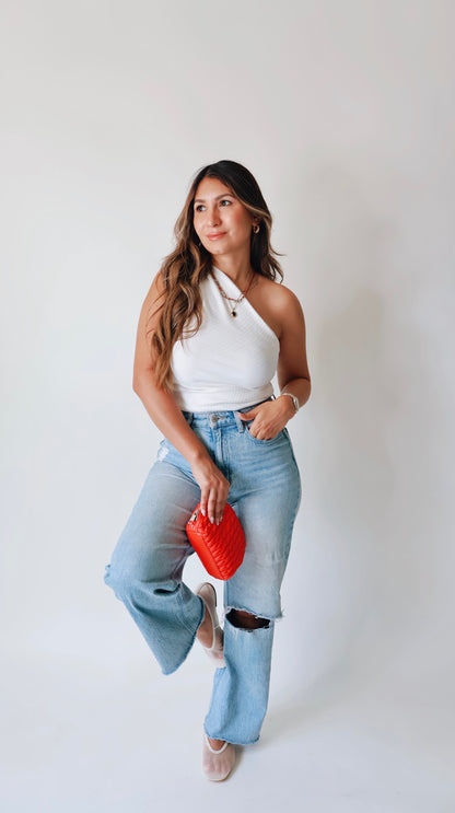 White Stretchy Asymmetric Ribbed Top