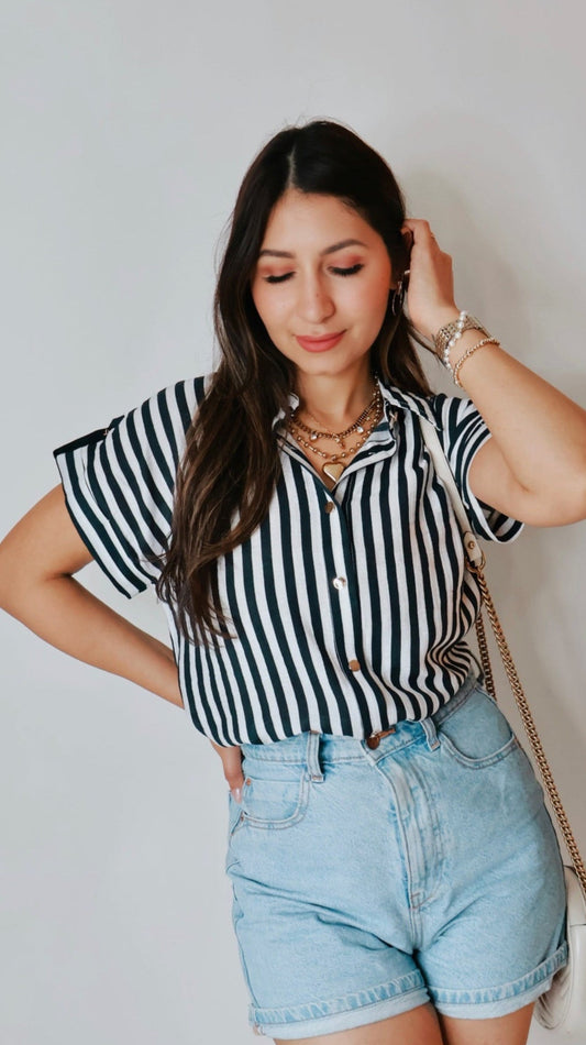 Navy Linen Striped Blouse