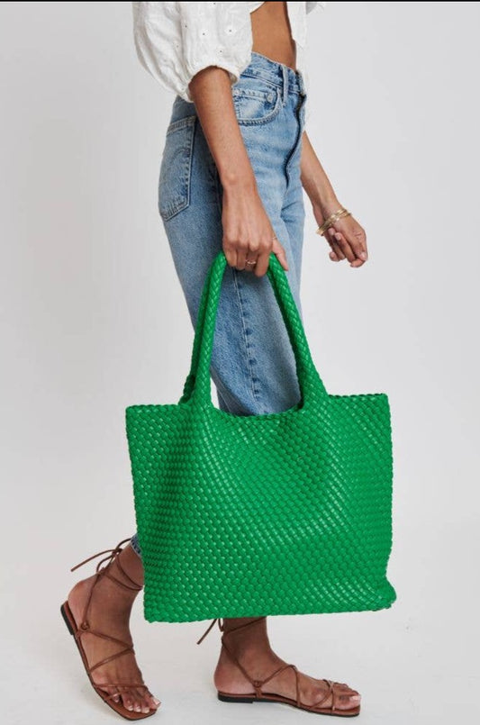 Solana Woven Vegan Leather Tote In Kelly Green