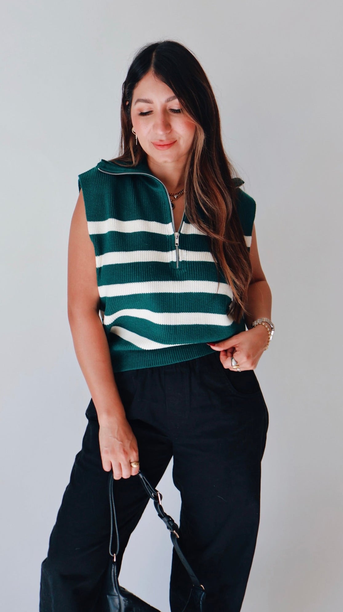 Striped Knit Half Zip Sweater Vest