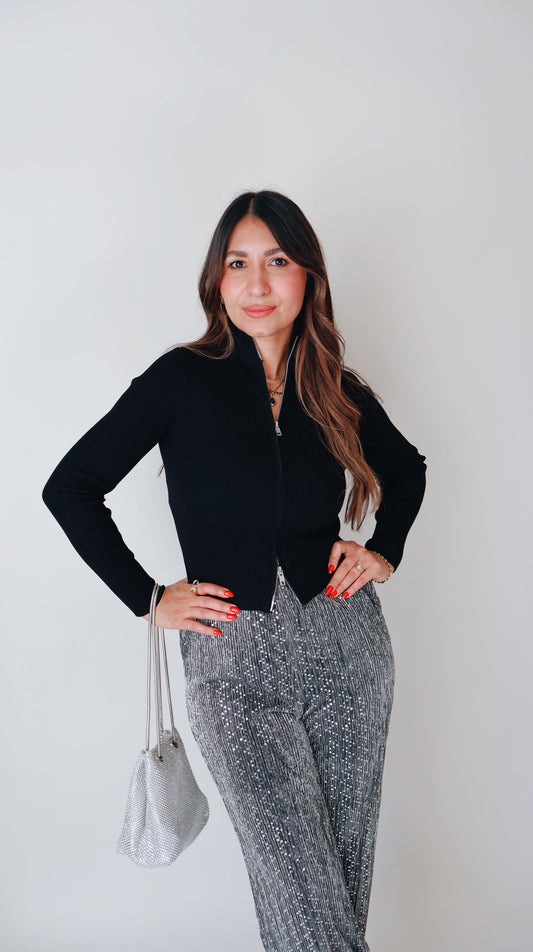 Black Two Way Open Zipper Sweater Top