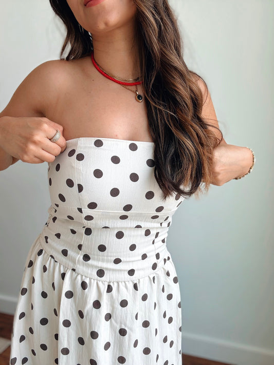 Linen Strapless Polka Dot Dress