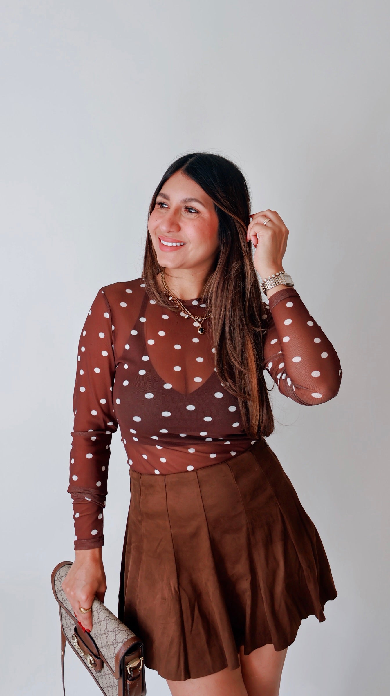 Brown Polka Dot Long Sleeve Top