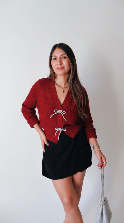 Jewel Bow Burgandy Cardigan