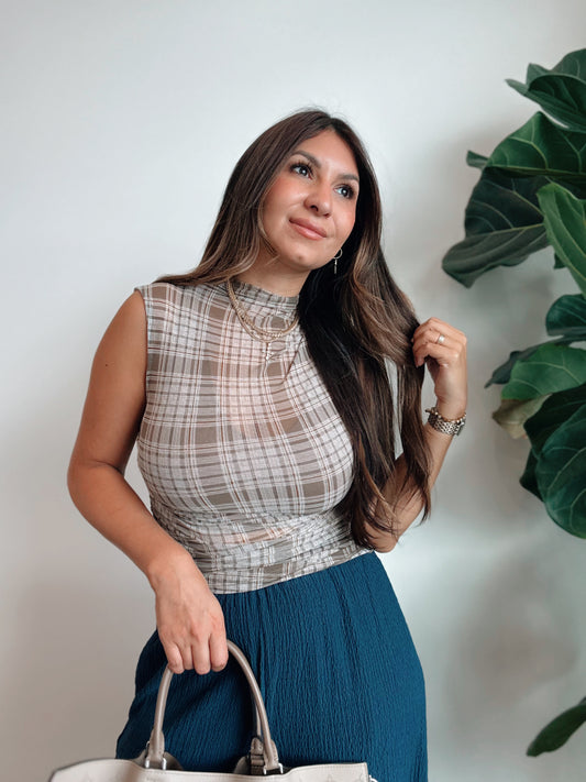 Plaid Sheer Mock Neck