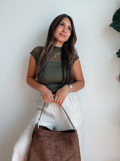 Olive Sheer Mock Neck