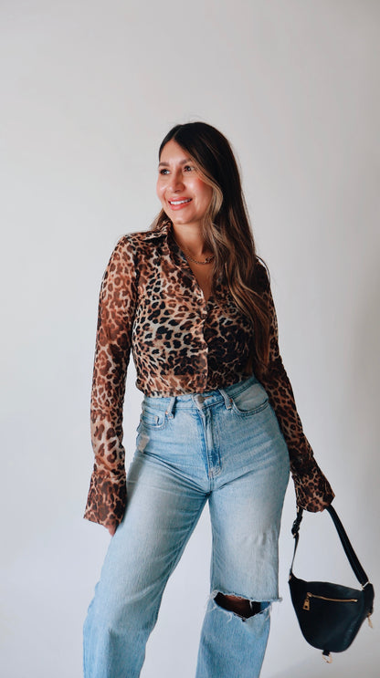 Collared Leopard Mesh Top