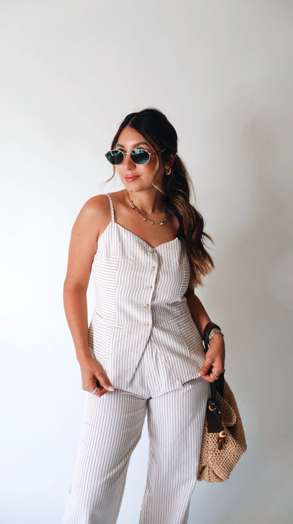 Tan Striped Linen Tank Vest