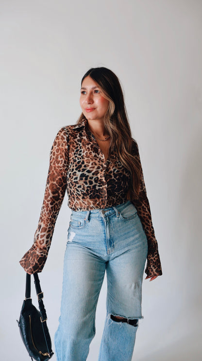 Collared Leopard Mesh Top